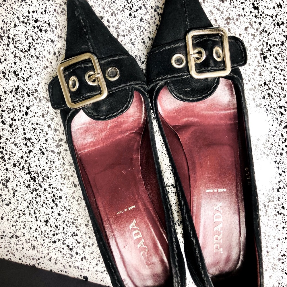 Prada Black Suede Buckle Heel 38.5 Size